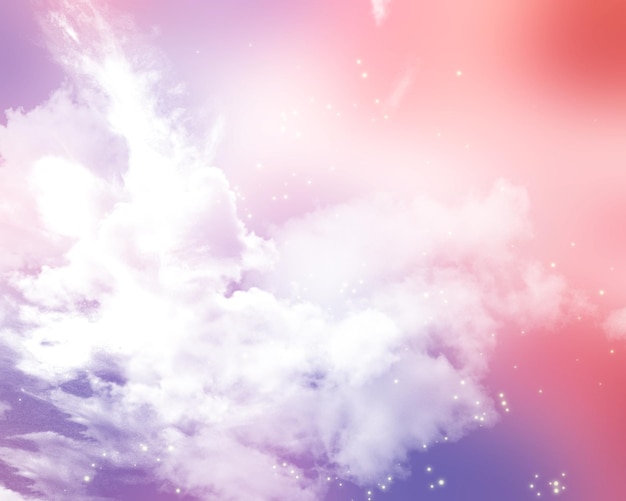 Abstract sky background with sugar cotton pink clouds and glittery stars