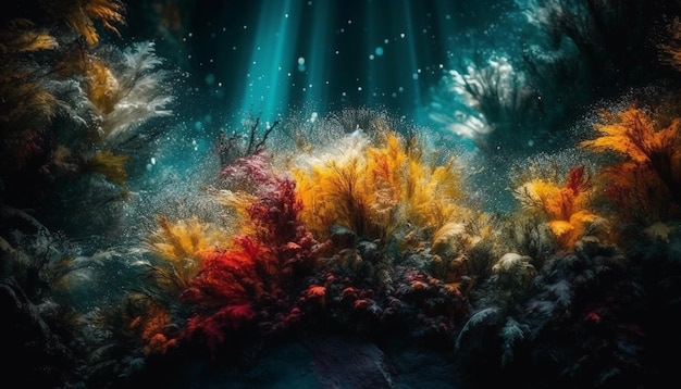 AI によって生成された輝くサンゴ礁の抽象的な水中風景