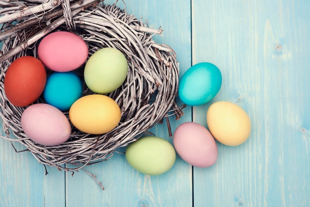 Abundance of colorful easter eggs on the table