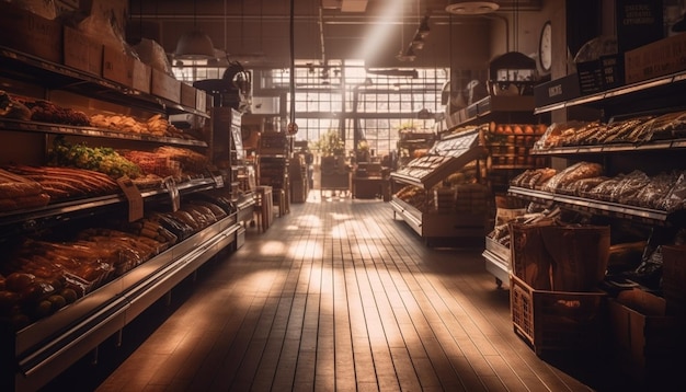 Abbondanza di pane fresco sugli scaffali di legno generati dall'intelligenza artificiale