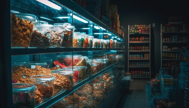 Abbondanza di cibo fresco sugli scaffali dei grandi supermercati generata dall'ia