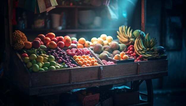 Abundance of fresh healthy fruits at market generated by AI