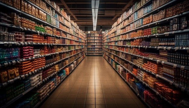 Abundance of healthy food choices in supermarket aisle generated by AI
