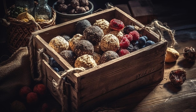 Abundance of homemade sweets in rustic wicker basket generated by AI