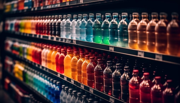 Foto gratuita abbondanza di bottiglie di vino in un negozio al dettaglio generata dall'intelligenza artificiale