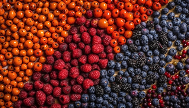 Foto gratuita abbondanti frutti di bosco sullo sfondo colorato della natura generato dall'intelligenza artificiale