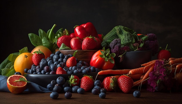 Abundant bowl of fresh organic berry salad generated by AI