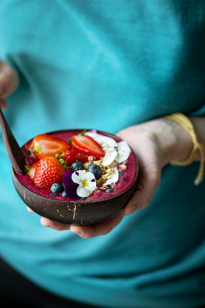 Acai in coconut shell healthy meal for summer vibes