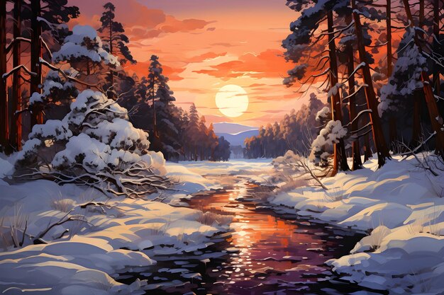 acrylic paint winter forest river background