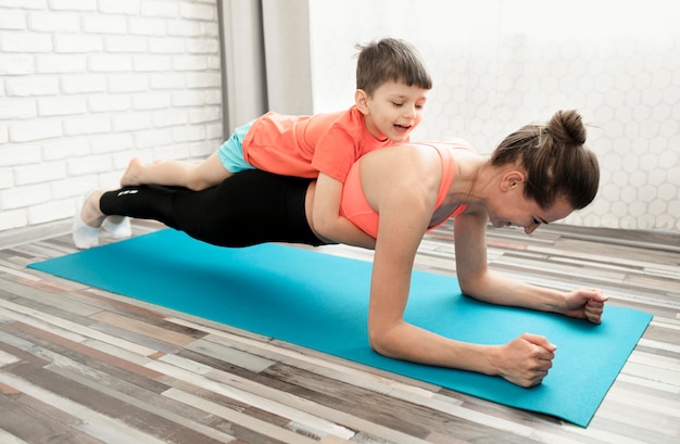 Active mother training together with son