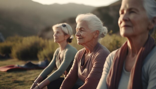 Active seniors enjoying leisure activity in nature generated by AI