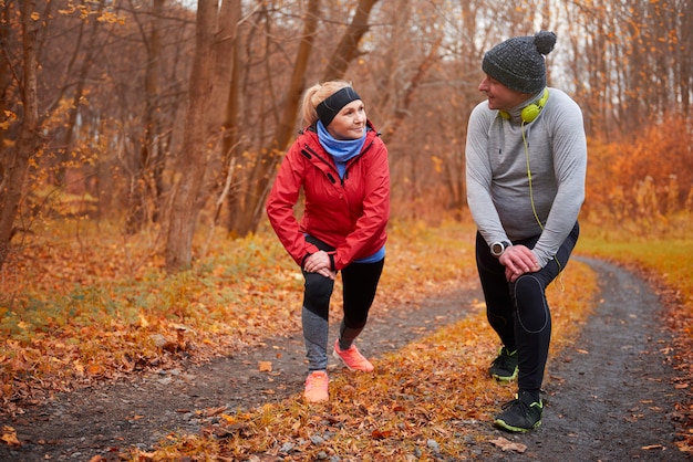 Active seniors training over autumn time