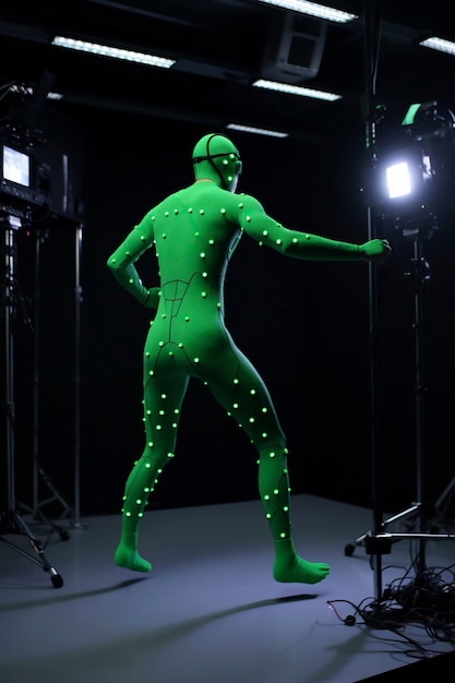 Foto gratuita attore che registra un film con un costume di motion capture