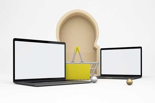 Adha Shopping Basket and Laptops Perspective Side In White Background