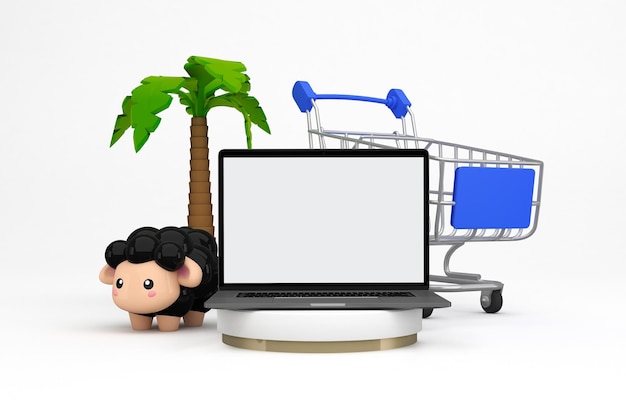 Free photo adha shopping trolley and laptop front side in white background