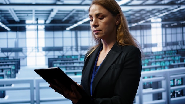 Free photo admin in server room checks recovery plan on tablet monitoring equipment