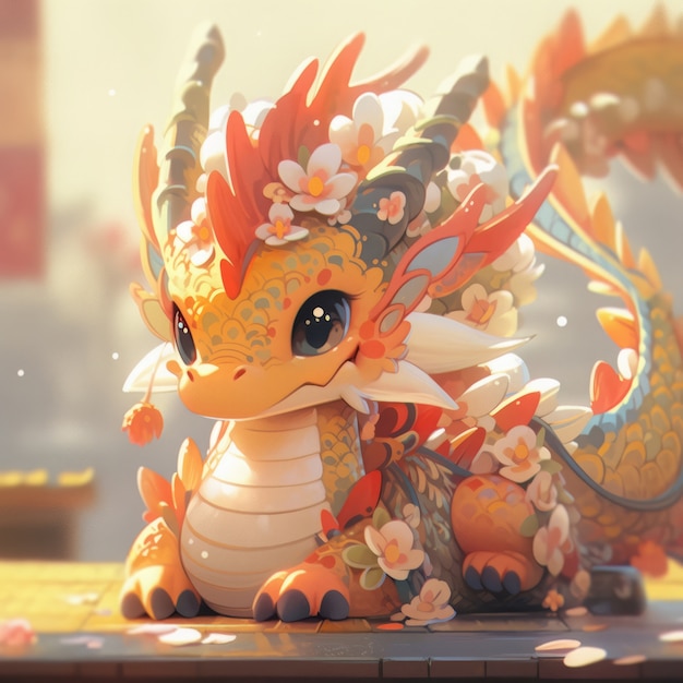 Adorable baby anime dragon illustration