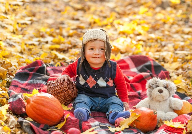 Adorable baby with fur cap on a picnic blanket