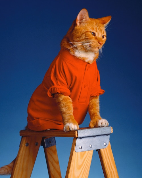 Adorable cat wearing red clothes sitting on a wooden ladder