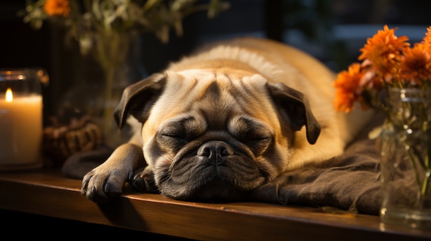 Foto gratuita adorabile cane che dorme tranquillamente e riposa