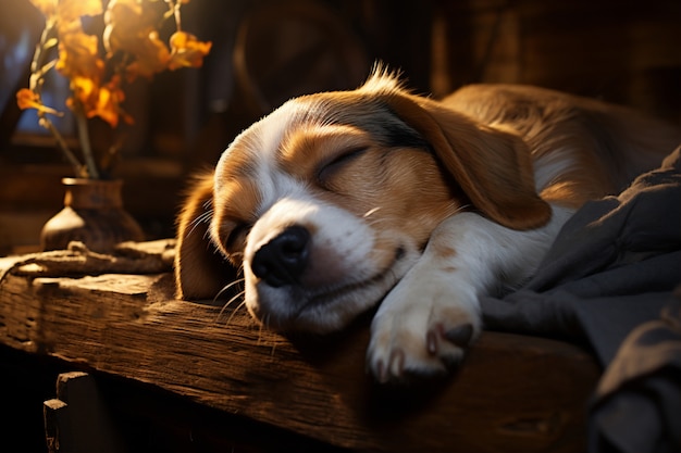 Foto gratuita adorabile cane che dorme tranquillamente e riposa