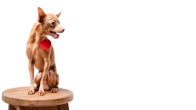 Adorable little dog sitting on a chair with copy space