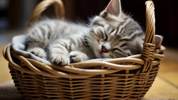 かごの中で眠る愛らしい子猫