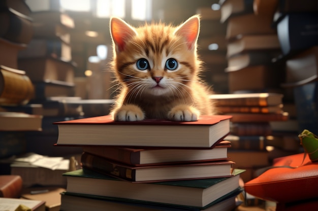 Free photo adorable looking kitten books