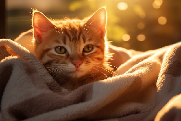 Free photo adorable looking kitten with blanket