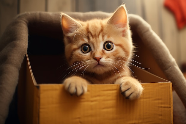 Free photo adorable looking kitten with box