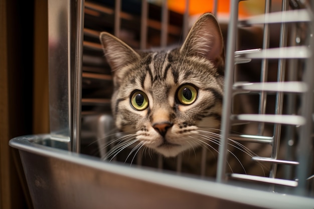 Adorable looking kitten with cage