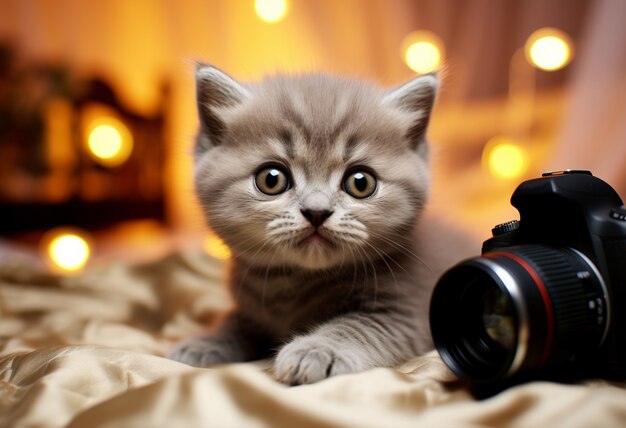 Adorable looking kitten with camera