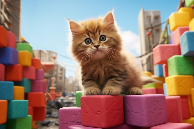 Free photo adorable looking kitten with colorful cubes