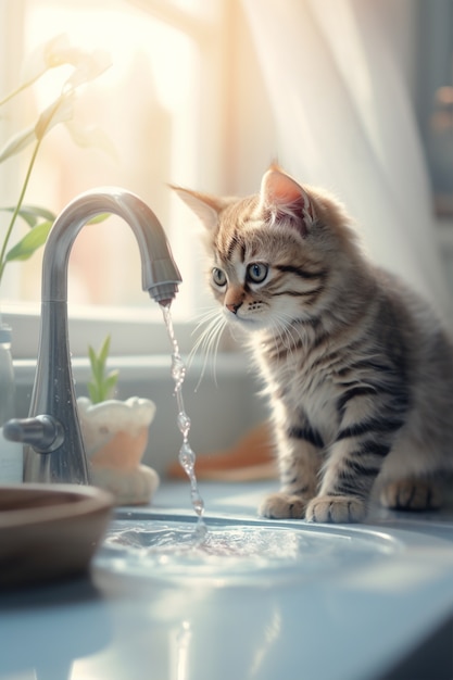 Adorable looking kitten with faucet