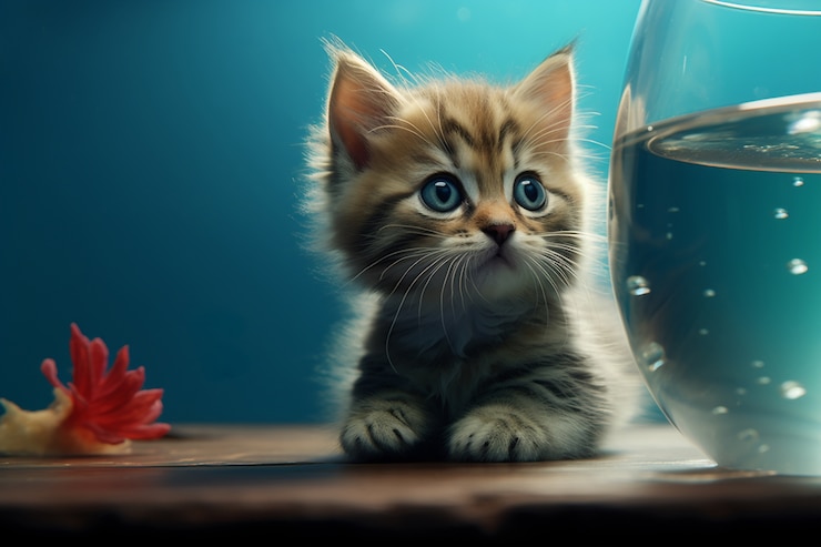 Free Photo adorable looking kitten with fish tank