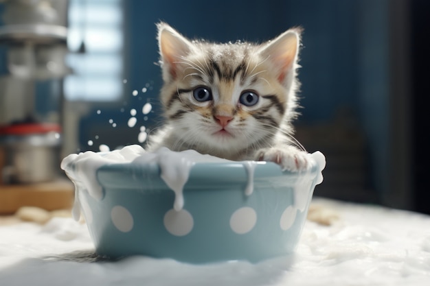 Adorable looking kitten with milk