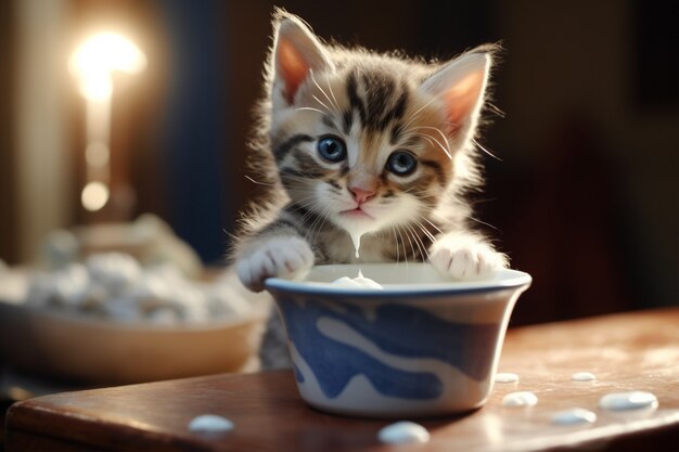우유를 마시고 있는 사랑스러운 새끼 고양이