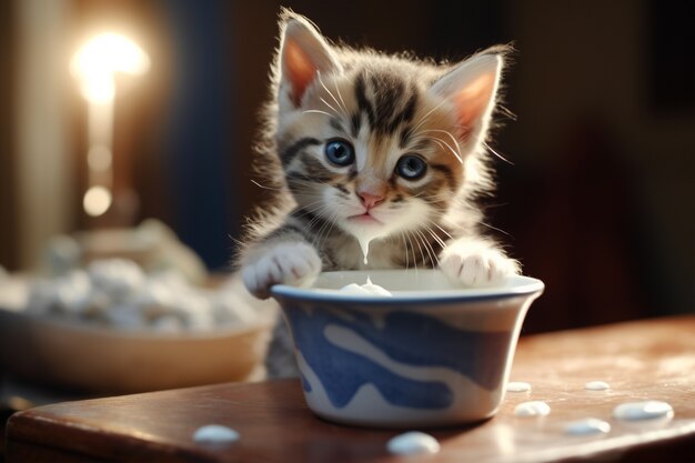 Adorable looking kitten with milk