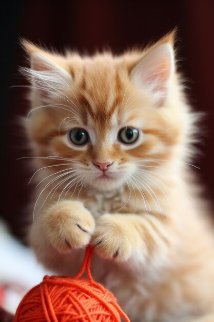 Adorable looking kitten with yarn