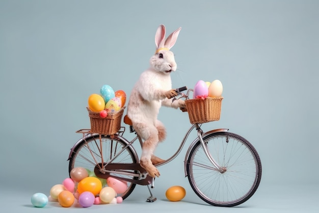 Adorabile coniglio in bicicletta con un cesto pieno di uova di pasqua su sfondo blu ai generativo