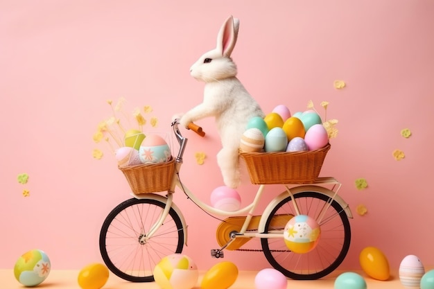 Free photo adorable rabbit riding a bicycle with a basket full of easter eggs on pink background ai generative