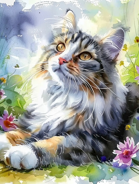 Free photo adorable watercolor cat illustration