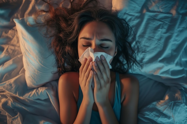 Free photo adult blowing their snot in a tissue