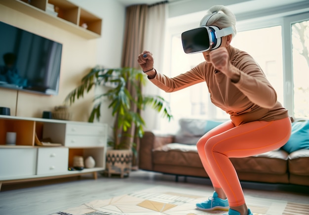 Foto gratuita adult doing fitness through virtual reality