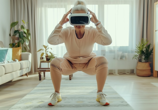 Foto gratuita adult doing fitness through virtual reality