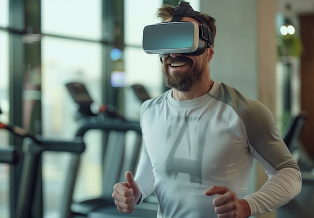 Adult doing fitness through virtual reality