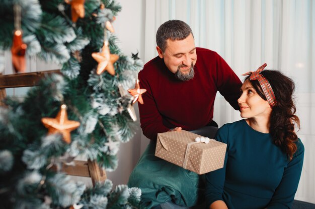 クリスマスツリーの近くに自宅で座っている大人の家族