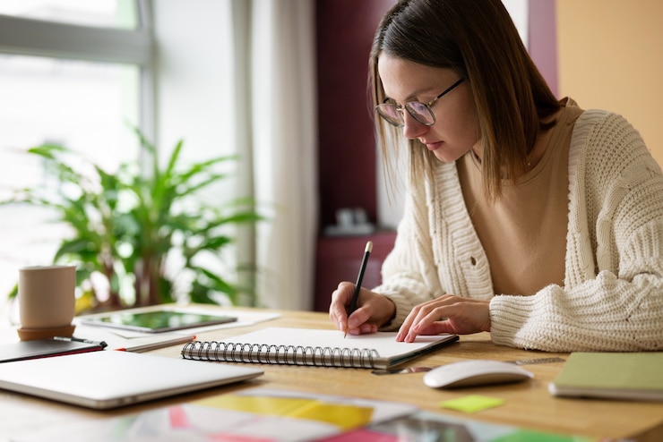 Free Photo adult female illustrator working on tablet device