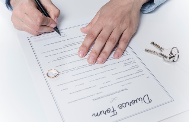 Adult male signing divorce form