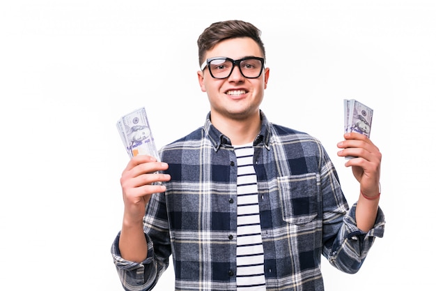 Adult man in casual t-shirt wearing glasses holding fan of money